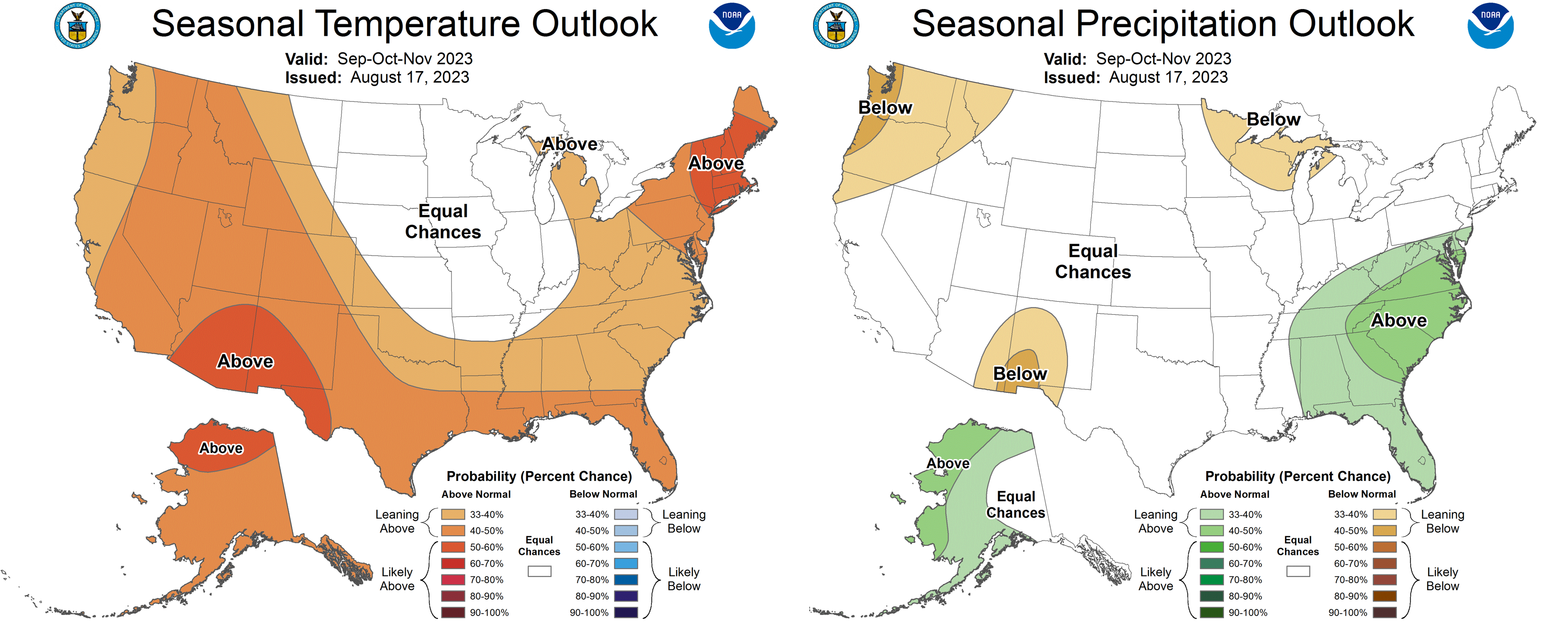CPC temperature outlook for Sep/Oct/Nov showing primarily warmer than average conditions.