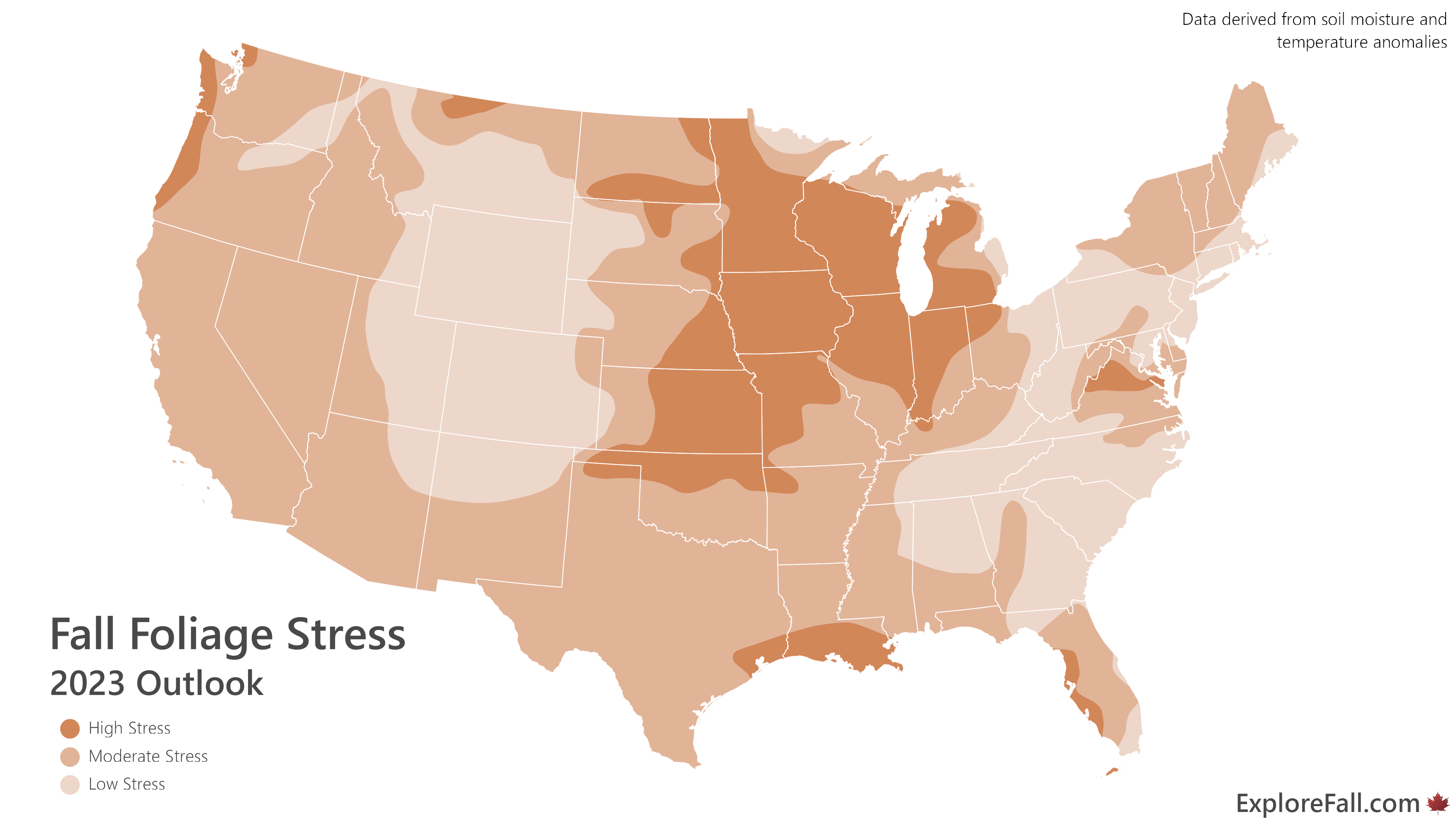 Map depicting fall foliage stress throughout the United States
