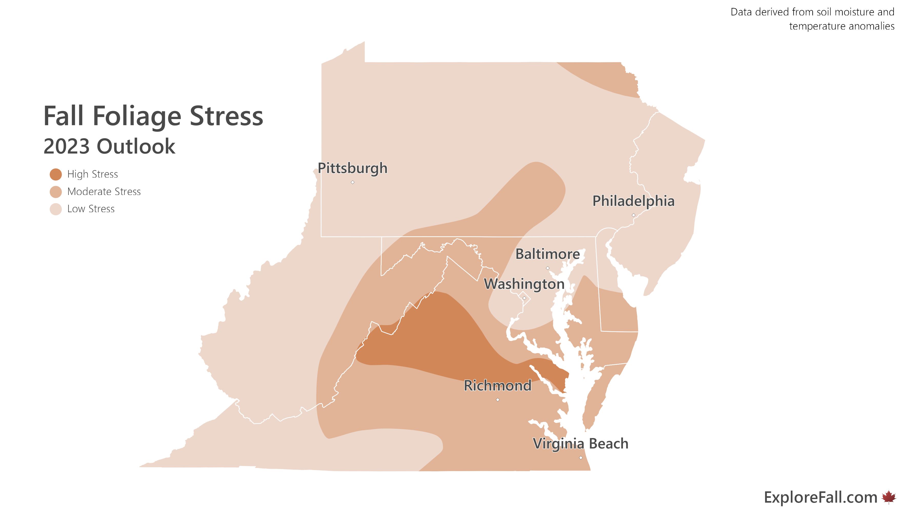 Fall foliage stress in the Northeast is low to moderate in 2023.