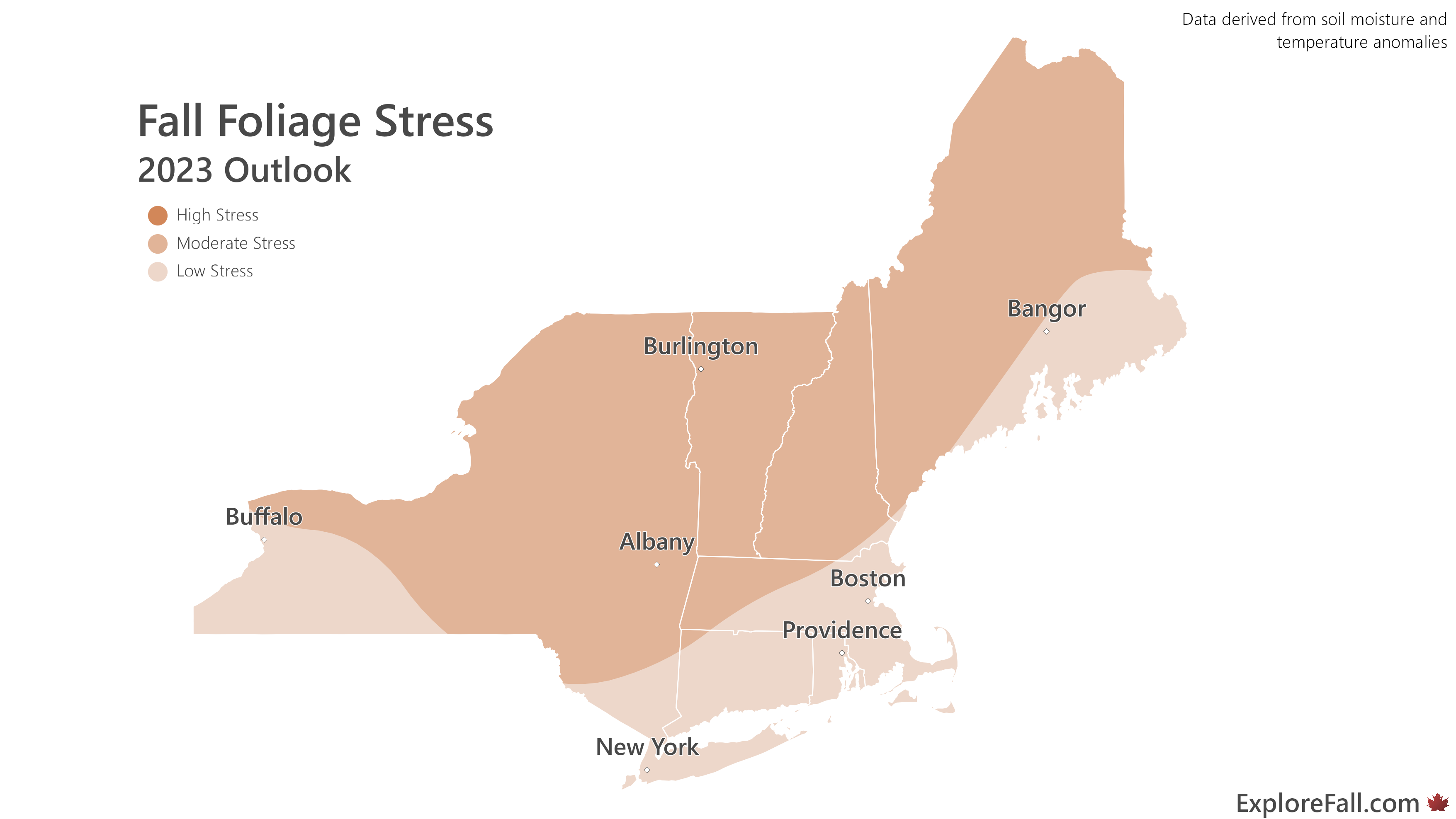 Fall foliage stress in the Northeast is low to moderate in 2023.